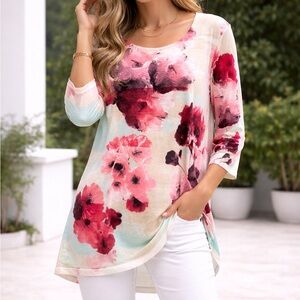 Chico’s Poppy bouquet smooth scoop 3/4 Sleeve tunic top SZ 1 US Medium